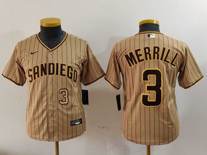 Youth San Diego Padres #3 Jackson Merrill Tan 2023 Cool Base Stitched Jerseys